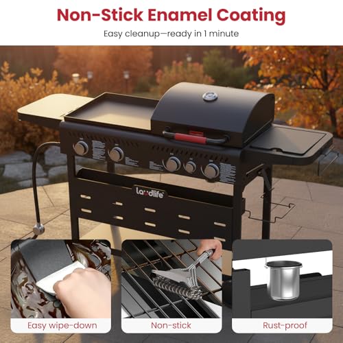 LAUDLIFE 5-Burner Propane Grill Griddle Combo with Side Burner, Dual Zone BBQ Gas Grill, Non-Stick Porcelain-Enameled Surface, Easy to Clean, 702 Sq.In. Cooking Area, Heavy-Duty Stand for Backyard