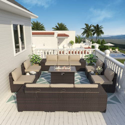 ALAULM 13 Pieces Patio Furniture Set with Propane Fire Pit Table Patio Sectional Sofa 43" Gas Fire Pit Brown PE Rattan Patio Conversation Set w/10 Seat Cushions-Sand