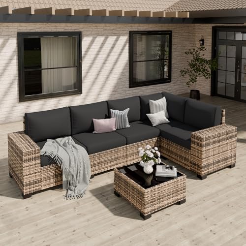 VONZOY Patio Furniture Set, Wide Armrest Outdoor Furniture Set with Thick Cushions, 6 Piece Wicker Rattan Patio Sectional Sofa for Backyard, Poolside, Garden