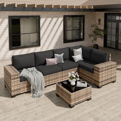 VONZOY Patio Furniture Set, Wide Armrest Outdoor Furniture Set with Thick Cushions, 6 Piece Wicker Rattan Patio Sectional Sofa for Backyard, Poolside, Garden