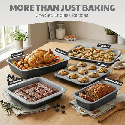 Gotham Steel 6 Pc Stackable Baking Pans Set, 70% Space Saving Design, Ceramic Bakeware Sets Non Toxic Made Without PFOA PFOS, with Cookie Sheet Tray, Cake & Muffin Pans, Oven & Dishwasher Safe