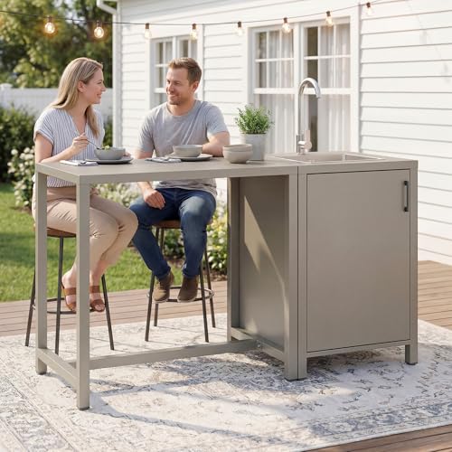 Wisteria Lane Outdoor Storage Cabinet with Stainless Steel Sink, Aluminum Modular Outdoor Kitchen, All Wheather Kitchen Island with Storage, Patio Bar Table for BBQ, Porch，Backyard