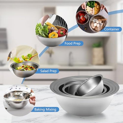 YGFRSTO Mixing Bowl Set of 5, Stainless Steel Mixing Bowls, Nesting Whisking Bowl Set for Cooking, Baking, Serving, Food/Salad Prep