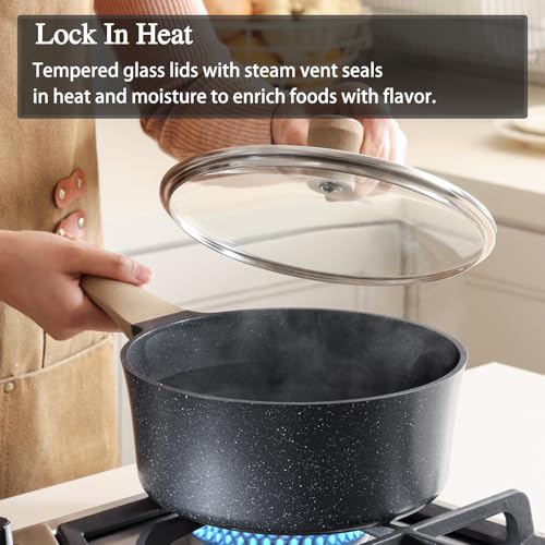 AnimoZest Nonstick Saucepan with Lid, 3.5 Quart German Greblon Ceramic Sauce Pan, Non Toxic Sauce Pot with Cover for Multipurpose Use, PTFE, PFOA & PFAS Free, Induction Compatible.