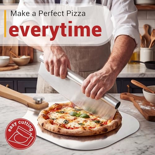 Suttmin 3 Pieces Baking Pizza Steel Set 16"x13" Carbon Steel Pizza Stone for Oven and Grill Folding Aluminum Spatula Food Grade Cutter Rocker Blade for Cooking Home Restaurant Bread Steak BBQ