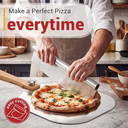 Suttmin 3 Pieces Baking Pizza Steel Set 16"x13" Carbon Steel Pizza Stone for Oven and Grill Folding Aluminum Spatula Food Grade Cutter Rocker Blade for Cooking Home Restaurant Bread Steak BBQ