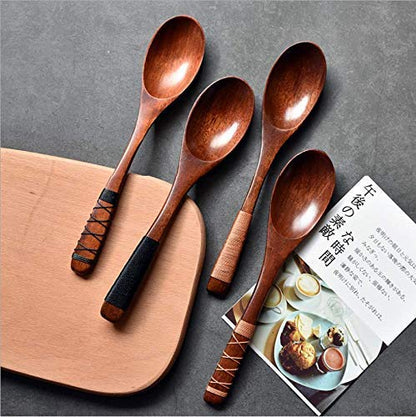 4pc-Handmade Japanese Style Wooden Soup Spoons with Tied Line on Handle