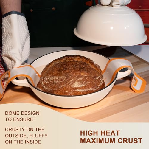 AHJ 6QT Dutch Oven For Bread Baking, Enameled Cast Iron Dutch Oven Pot with Lid, Multi-Functional Bread pan, Sourdough Baking Supplies with Proofing Basket, Cast Iron Bread Oven, Silicone Sling & Gloves.