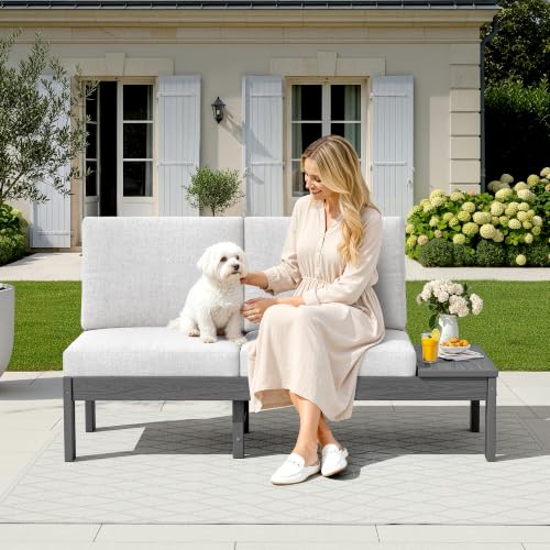 SERWALL HDPE Outdoor Loveseat Sofa, 2 Seats Patio Sofa, All-Weather Patio Conversation Sets with Adjustable Backrest Sofa for Backyard and Garden, Grey Frame with Beige Cushion