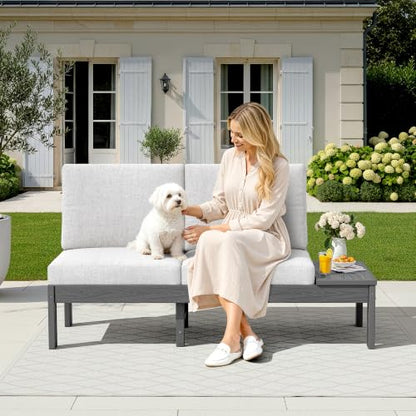 SERWALL HDPE Outdoor Loveseat Sofa, 2 Seats Patio Sofa, All-Weather Patio Conversation Sets with Adjustable Backrest Sofa for Backyard and Garden, Grey Frame with Beige Cushion