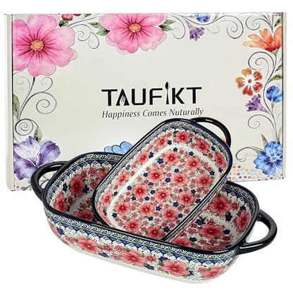 TAUFIKT Ceramic Casserole Dishes for Oven, Hand-painted Polish Pottery Baking Dish Set of 2, 0.8QT / 2QT Porcelain Casserole Dishes with Handles, Baking Pan Lasagna Pan, Gift for Family/Friend (Red)