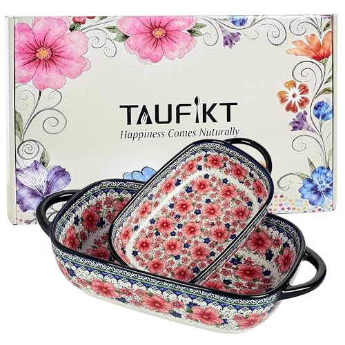 TAUFIKT Ceramic Casserole Dishes for Oven, Hand-painted Polish Pottery Baking Dish Set of 2, 0.8QT / 2QT Porcelain Casserole Dishes with Handles, Baking Pan Lasagna Pan, Gift for Family/Friend (Red)