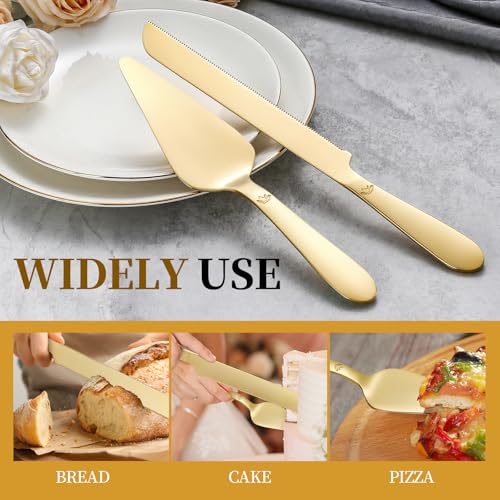 Cake Cutting Set for Wedding - Extended Cake Knife and Server Set Thickened Stainless Steel 13.0" Cake Cutter 10.49" Pie Spatula Great for Birthday Anniversary Christmas Gift 2 Pcs Gold