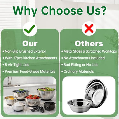 Deedro Premium Mixing Bowls with Airtight Lids Set, 22Pcs Thicker Stainless Steel Mixing Bowl Set, Large Prep Metal Bowls, Non-Slip Silicone Base Nesting Bowls for Kitchen, 1.5/2/3/4/5 QT, Black