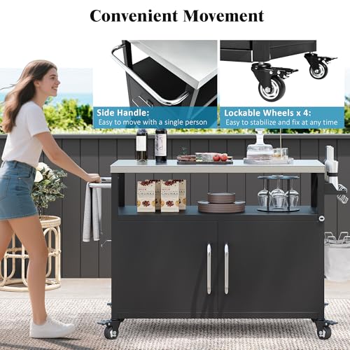54.5" Outdoor Kitchen Island with Stainless Steel Tabletop, Metal Grill Cart Table with Storage Cabinet, Spice Rack and Towel Rack, Outdoor Bar Cart with 4 Lockable Wheels for Outside BBQ (Black@79)