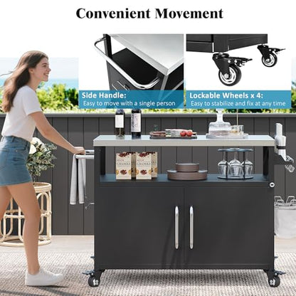 54.5" Outdoor Kitchen Island with Stainless Steel Tabletop, Metal Grill Cart Table with Storage Cabinet, Spice Rack and Towel Rack, Outdoor Bar Cart with 4 Lockable Wheels for Outside BBQ (Black@79)