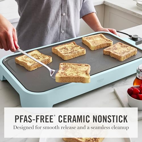 Martha Stewart 12” x 22” Electric Griddle, XL Ceramic Nonstick Flat Top Cooking Surface, Adjustable Temperature Dial, Drip Tray, Dishwasher Safe, 1500W Fast Even Heating, Pancakes & Eggs, Sky Blue