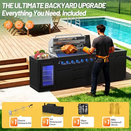 VESTIVIUM 112" All-in-One Outdoor Kitchen, 8-Burner Modular Grill Station, Powder Coating Black SS304 & Black Granite, Sink, Fridge, Complete BBQ Set for Large Patios & Backyards (Propane)