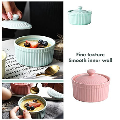 Meltset 5.5 Oz Ramekins with Lids Oven Safe Ceramics Ramekin Bowls for Baking, Porcelain Bake Dishes for Souffle, Creme Brulee, Lava Cake, Ice Cream Desserts, Snacks (Set of 5）
