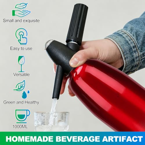 Soda Siphon, 1L Portable Seltzer Maker - Retro-Style Sparkling Water Machine for Homemade Carbonated Drinks, Juices & Cocktails, Uses 8g CO2 Cartridges (Cartridges Not Included) - (Red)