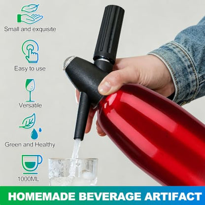 Soda Siphon, 1L Portable Seltzer Maker - Retro-Style Sparkling Water Machine for Homemade Carbonated Drinks, Juices & Cocktails, Uses 8g CO2 Cartridges (Cartridges Not Included) - (Red)