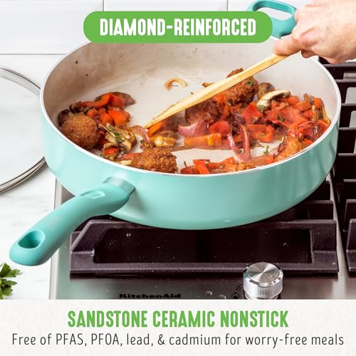 GreenLife Soft Grip Diamond Healthy Ceramic Nonstick, 5QT Saute Pan Jumbo Cooker with Helper Handle and Lid, PFAS-Free, Dishwasher Safe, Turquoise
