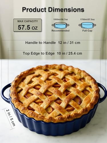 Yamteck 10×2in Deep Ceramic Pie Pan with Handles for Pie Quiche Tart Baking. Easy to grip, Lead-Free. Casserole Lasagna Dish for Thanksgiving Christmas Gift. Oven Microwave Dishwasher Safe. Blue