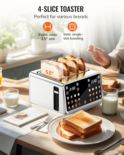 Toaster 4 Slice with TouchScreen, Memory Function & Single-Slot Focus, Keenstone 1800W Smart Digital Toaster for Ultimate Control, Wide Slot to Reheat & Defrost Bagels, Bread, Waffles, Stainless Steel