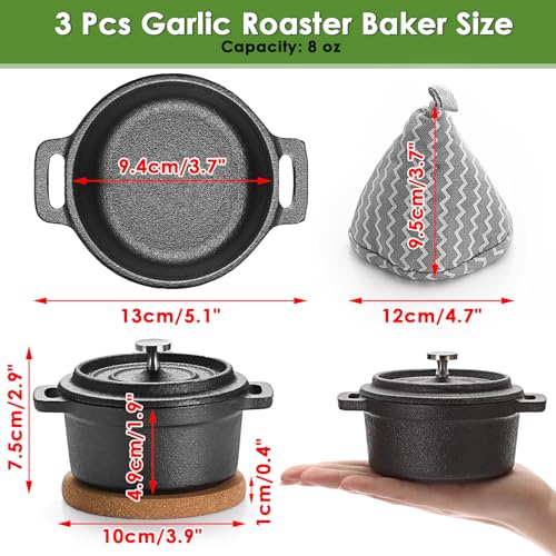 OGANAZI 3 Pcs Mini Cast Iron Dutch Oven Set – 8 oz Garlic Roaster Cocotte Pots with Lids, Handles and Cork Pan Mats Small Cast Iron Pots for Baking, Roasting, BBQ Grill, Stovetop and Oven Use