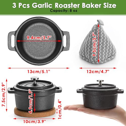OGANAZI 3 Pcs Mini Cast Iron Dutch Oven Set – 8 oz Garlic Roaster Cocotte Pots with Lids, Handles and Cork Pan Mats Small Cast Iron Pots for Baking, Roasting, BBQ Grill, Stovetop and Oven Use