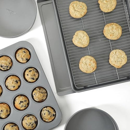 Calphalon Titan 10-Piece Nonstick Bakeware Set, Baking Sheet Set, Steel Core PFA-Free Nonstick Coating, Oven Safe, Includes Sheet Pans, Muffin Pan, Round Cake Pans, Loaf Pan and Cooling Rack - Silver