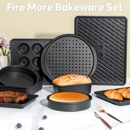 Fire More 10-Piece Nonstick Baking Pan Set, 0.8MM Thick Stackable Bakeware Sets Including Cookie Sheets for Baking, Cooling Rack, Muffin Pan, Cake Pan, Pizza Pan, Loaf Pan
