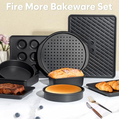 Fire More 10-Piece Nonstick Baking Pan Set, 0.8MM Thick Stackable Bakeware Sets Including Cookie Sheets for Baking, Cooling Rack, Muffin Pan, Cake Pan, Pizza Pan, Loaf Pan