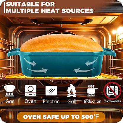 Articasting Cast Iron Loaf Pan With Lid, Enameled Bread Loaf Pan For Homemade Bread Sourdough, 2 In 1 Loaf Pans For Baking Bread 9x5, Even Heating Bread Dutch Oven, Teal