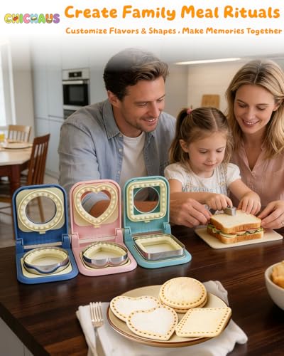 3-in-1 Uncrustable Sandwich Maker - Heart/Circle/Square Crustless Sandwich Cutter & Sealer for Kids' Lunch, Breakfast & Lunchboxes | BPA-Free Uncrustable Press, Easy Clean (3-Shape Pink)