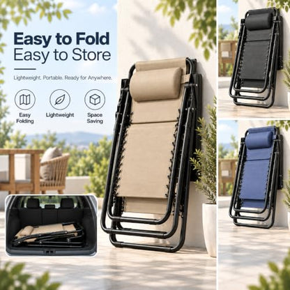 VTOY Zero Gravity Lounge Chair,Adjustable Outdoor Reclining Patio Chairs with Pillow and Cup Holder,Portable Camping Beach Chair,Steel Mesh Folding Recliner for Pool Yard Lawn (Black)
