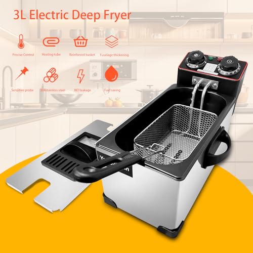 Yangbowan 3L Deep Fryer with Basket for Home, 1300W Electric Small Deep Fryer with Temperature Control, Timer Control, View Window Lid, Stainless Steel Body for Restaurant Use