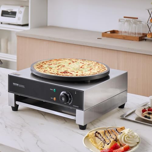 VEVOR Electric Crepe Maker, 16-Inch Commercial Crepe Machine, 1700W Flat Plate Crepe Griddle, Nonstick Stainless Steel Pancake Making Machine, Desktop Circular Cereals Pancake Stove with Temp Control