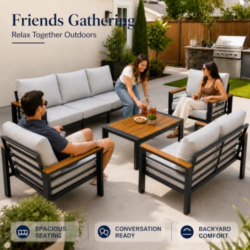 Relax Tree Aluminum Outdoor Patio Furniture, 5 Piece 7-Seat Conversation Set with 2 Chairs, Loveseat, 3-Seat Sofa and Coffee Table, Thick Cushions, Waterproof Covers, Gray