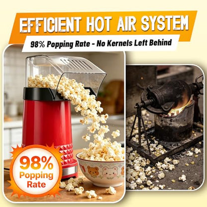 Hot Air Popcorn Popper, 1200W ETL Certified Oil-Free Popcorn Maker, 4.5 Quart Large Capacity Electric Popcorn Machine, 2-Minute Fast Snack Maker for Movie Night Party (Red)