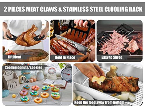 TeamFar Roasting Pan, Large Turkey Roaster Pan Stainless Steel with V Rack & Cooling Rack, Beer Can Chicken Holder & Meat Claws for Shredding & Silicone Brush, Healthy & Dishwasher Safe - 7 Pcs