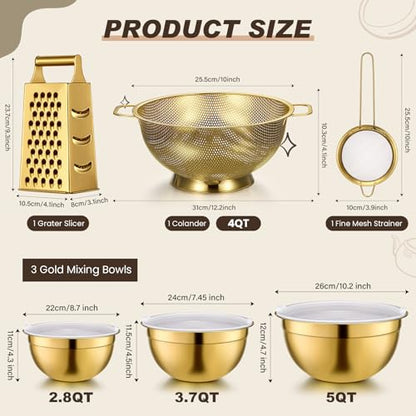 Baderke 6 Pcs Gold Kitchen Accessories Set Includes 3 Gold Mixing Bowls with Airtight Lids Stainless Steel Colander Grater Slicer and Fine Mesh Strainer(Mixing Bowls: 2.8/3.7/5 Qt, Colander: 4 Qt)