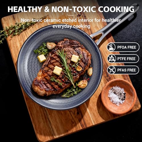 Ammeloo Hybrid Tri-Ply Stainless Steel Frying Pan Set, 8"/9.5"/11" Cooking Pans, Non Stick Frying Pans and Skillets, Chef Pan, Non Toxic, Dishwasher Safe, Induction Compatible, Blue Interior