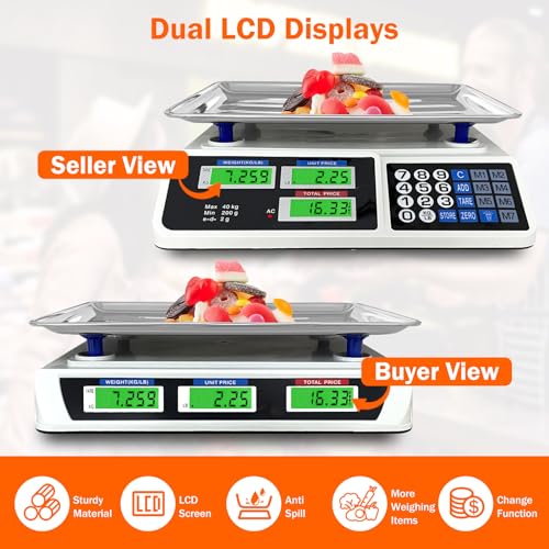 88lb/40kg Price Computing Scale, Digital Price Computing Scale with Stainless Steel Large Platform, Weight Food Kitchen Scale with Dual LCD Display for Farmers Market, Retail Outlets, Meat Shop, Deli