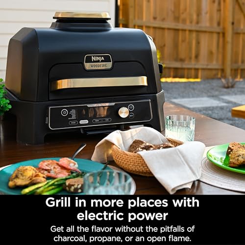 Ninja Woodfire Pro Connect XL Outdoor Grill & Smoker | Bluetooth, App Enabled | 7-in-1 Grill, BBQ Smoker, Outdoor Air Fryer | Woodfire Technology | Built-In Thermometer | Black & Gold | OG951BK1