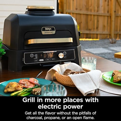 Ninja Woodfire Pro Connect XL Outdoor Grill & Smoker | Bluetooth, App Enabled | 7-in-1 Grill, BBQ Smoker, Outdoor Air Fryer | Woodfire Technology | Built-In Thermometer | Black & Gold | OG951BK1