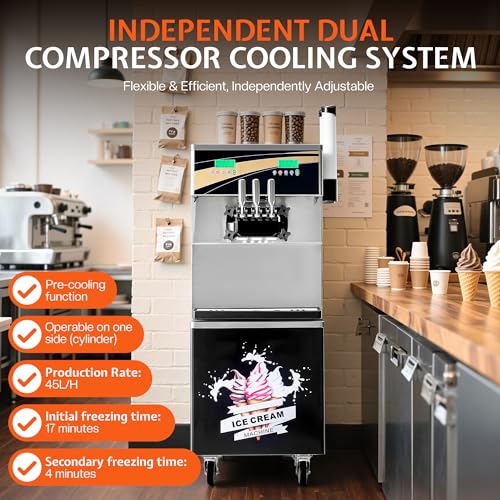 Jocisland 45L/H Commercial Soft Ice Cream Machine, 2900W 3-Flavor Ice Cream Maker, Dual Compressors, 10L*2 Stainless Steel Cylinder, Auto Clean & Pre-Cooling for Restaurants & Bars