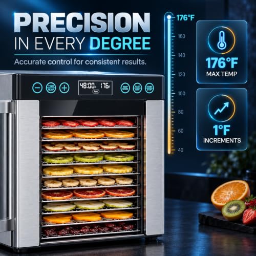 AOHGOA 10-Tray Food Dehydrator, Stainless Steel, Rear Fan, Digital Control