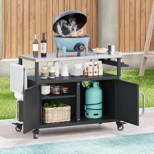 54.5" Outdoor Kitchen Island with Stainless Steel Tabletop, Metal Grill Cart Table with Storage Cabinet, Spice Rack and Towel Rack, Outdoor Bar Cart with 4 Lockable Wheels for Outside BBQ (Black@79)