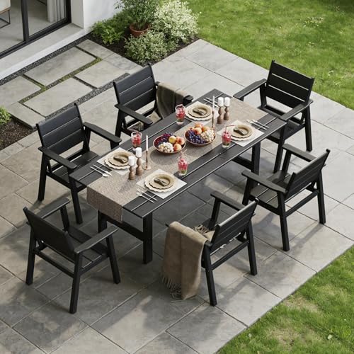Polyhouz HDPE Outdoor Dining Table and Chairs, 7-Piece Patio Table and Chairs Set, Outdoor Dining Set for 6, All-Weather Dining Furniture Set with Umbrella Hole, Black